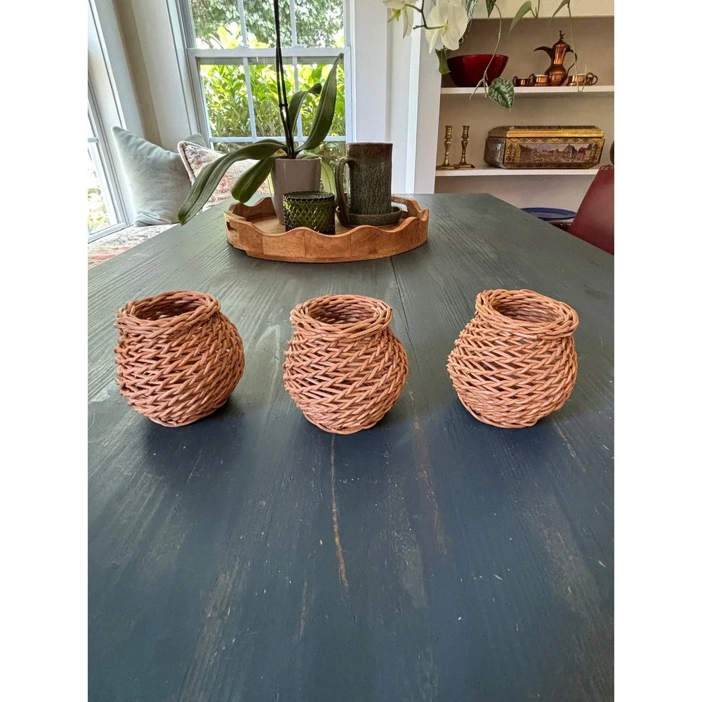 Vintage Miniature Woven Wicker Baskets Set of 3 Small Boho Decorative Pots Brown